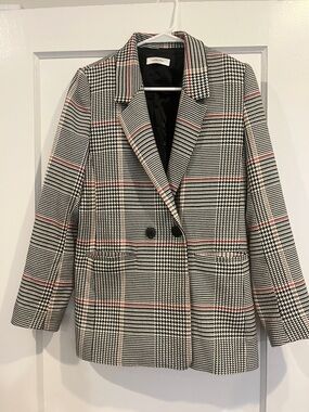 Anine Bing Black, White & Red Plaid Double-Breasted Blazer